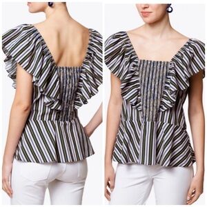 Figue Estella Smocked Flutter Sleeve Striped Cotton Top Purple Size Large Top